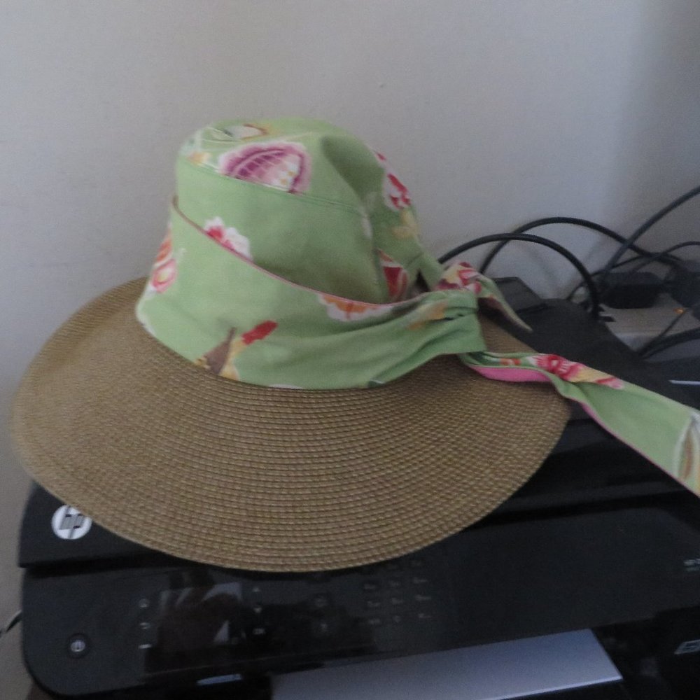 ❤️ERIC JAVITS Floral Tie Back Straw/Raffia and Cloth Hat Sz Small Packable